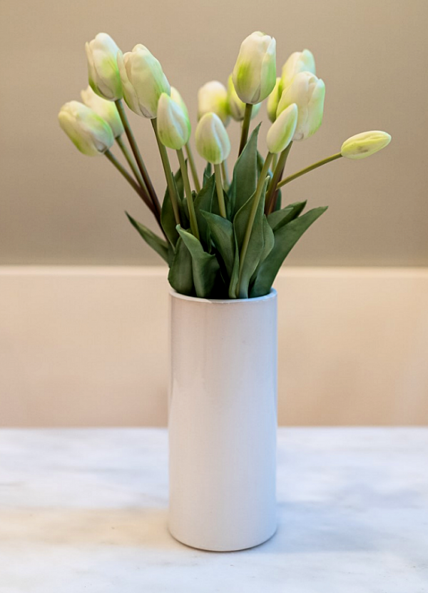 White Tulips in Tall White Ceramic Vase Garden By Julie
